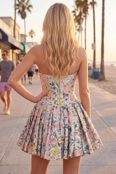 Grey Jacquard Corset A-Line Short Cocktail Dress with Bow