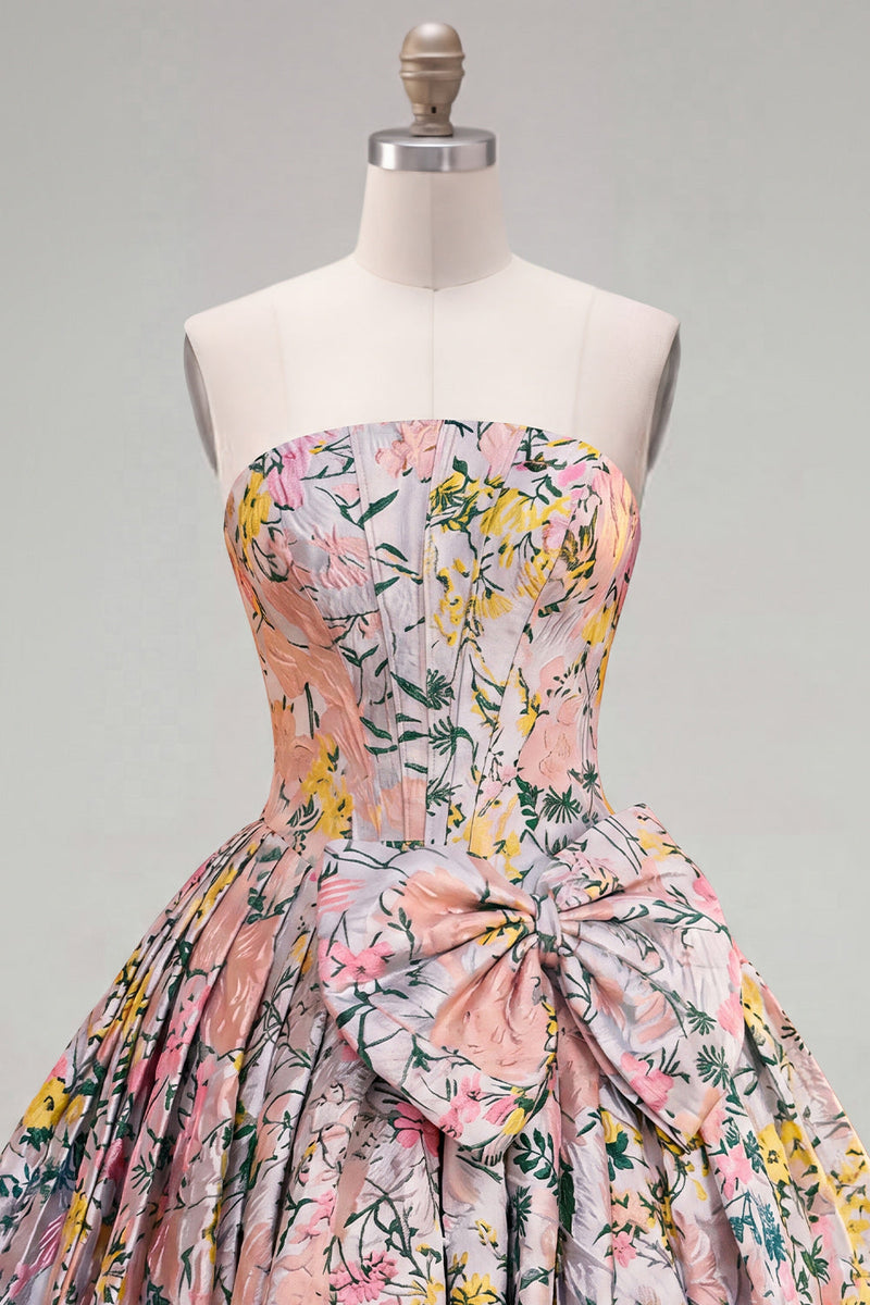 Load image into Gallery viewer, Grey Jacquard Corset A-Line Short Cocktail Dress with Bow