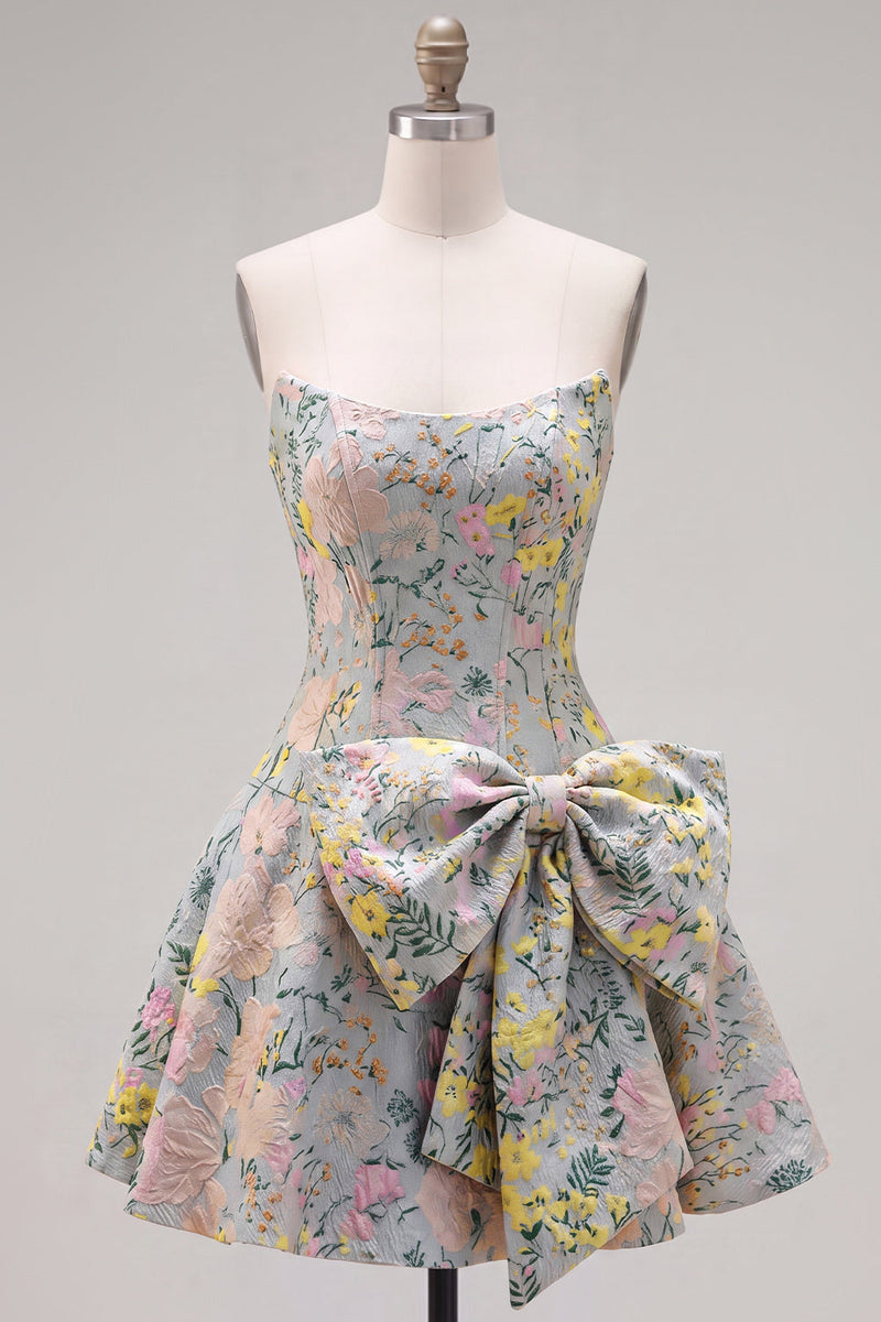 Load image into Gallery viewer, Grey Jacquard A-Line Short Corset Cocktail Dress with Bow