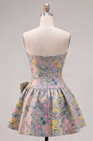 Load image into Gallery viewer, Grey Jacquard A-Line Short Corset Cocktail Dress with Bow