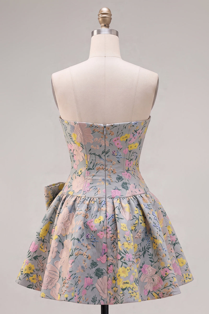 Load image into Gallery viewer, Grey Jacquard A-Line Short Corset Cocktail Dress with Bow