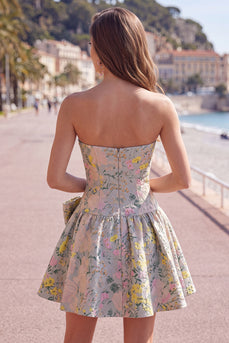 Grey Jacquard A-Line Short Corset Cocktail Dress with Bow