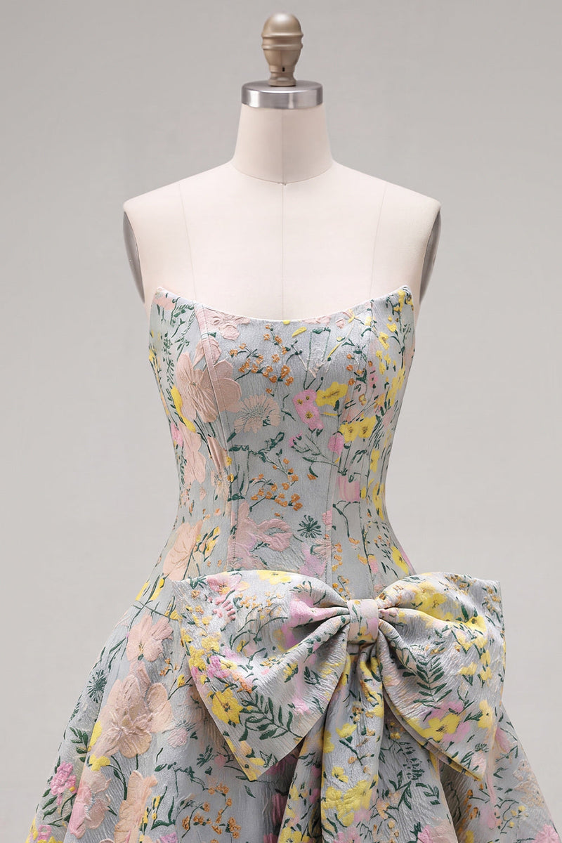 Load image into Gallery viewer, Grey Jacquard A-Line Short Corset Cocktail Dress with Bow