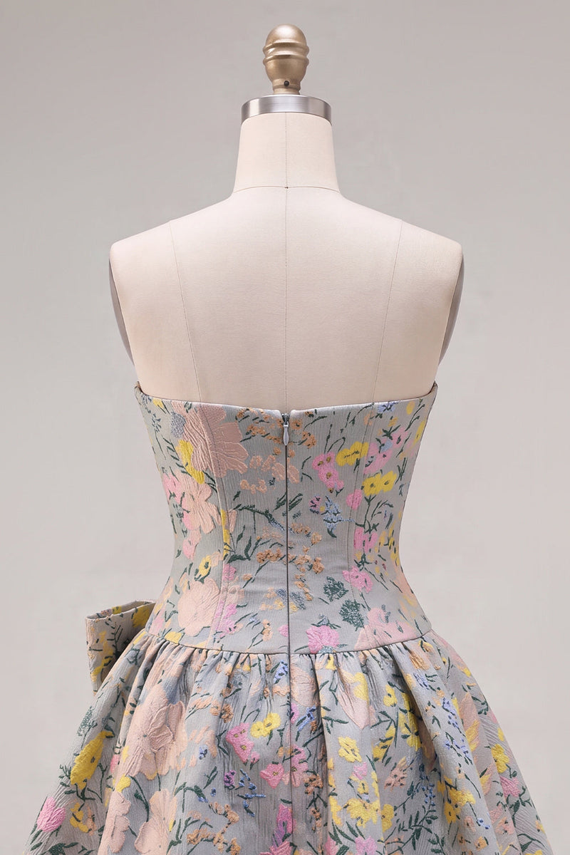 Load image into Gallery viewer, Grey Jacquard A-Line Short Corset Cocktail Dress with Bow