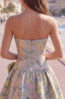 Load image into Gallery viewer, Grey Jacquard A-Line Short Corset Cocktail Dress with Bow
