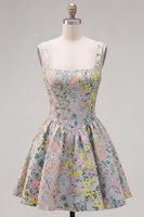 Load image into Gallery viewer, Grey Jacquard Square Neck A-Line Short Corset Cocktail Dress