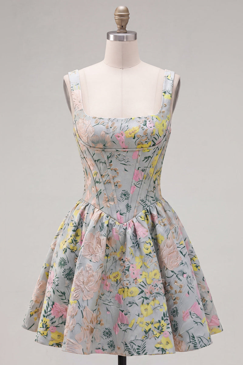 Load image into Gallery viewer, Grey Jacquard Square Neck A-Line Short Corset Cocktail Dress