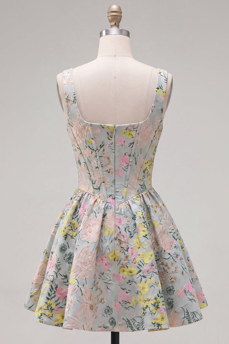 Load image into Gallery viewer, Grey Jacquard Square Neck A-Line Short Corset Cocktail Dress