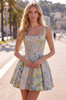 Load image into Gallery viewer, Grey Jacquard Square Neck A-Line Short Corset Cocktail Dress