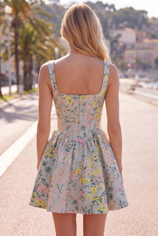 Grey Jacquard Square Neck A-Line Short Corset Cocktail Dress