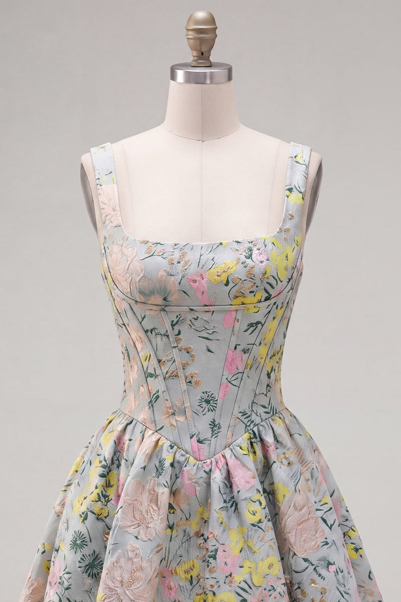 Load image into Gallery viewer, Grey Jacquard Square Neck A-Line Short Corset Cocktail Dress