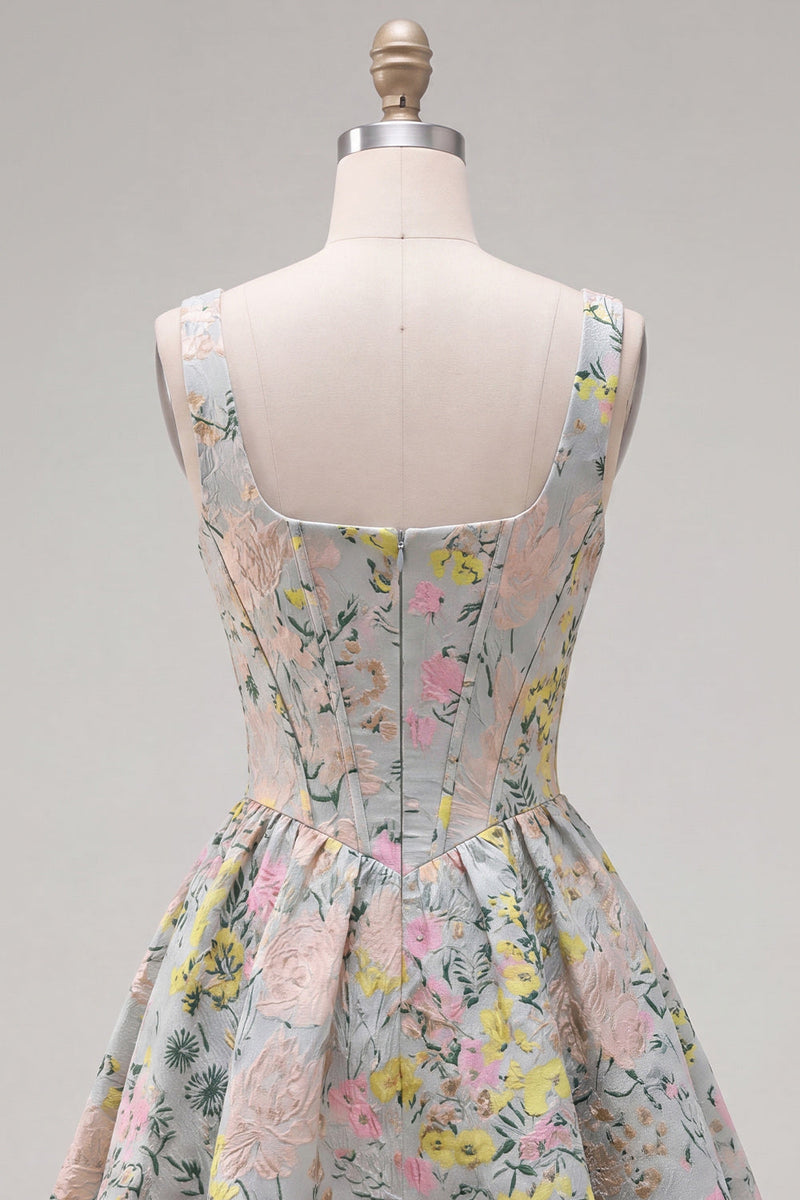Load image into Gallery viewer, Grey Jacquard Square Neck A-Line Short Corset Cocktail Dress
