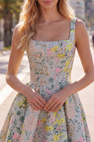 Load image into Gallery viewer, Grey Jacquard Square Neck A-Line Short Corset Cocktail Dress