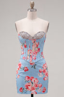 Load image into Gallery viewer, Floral Sparkly Blue Beaded Corset Tight Short Cocktail Dress