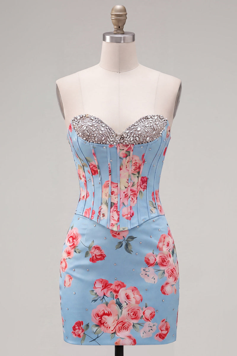 Load image into Gallery viewer, Floral Sparkly Blue Beaded Corset Tight Short Cocktail Dress