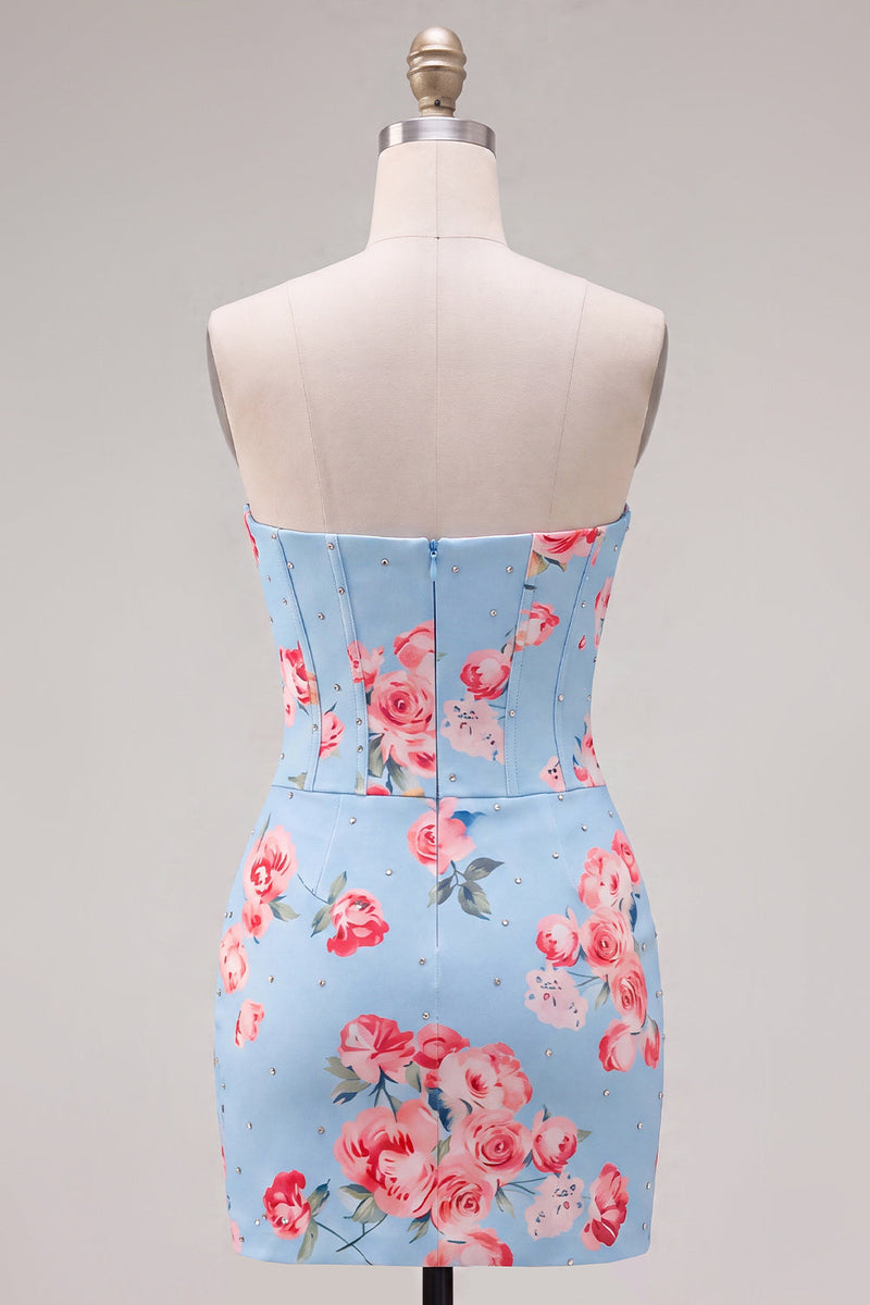 Load image into Gallery viewer, Floral Sparkly Blue Beaded Corset Tight Short Cocktail Dress