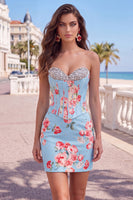 Load image into Gallery viewer, Floral Sparkly Blue Beaded Corset Tight Short Cocktail Dress