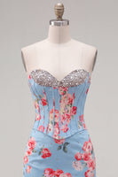 Load image into Gallery viewer, Floral Sparkly Blue Beaded Corset Tight Short Cocktail Dress