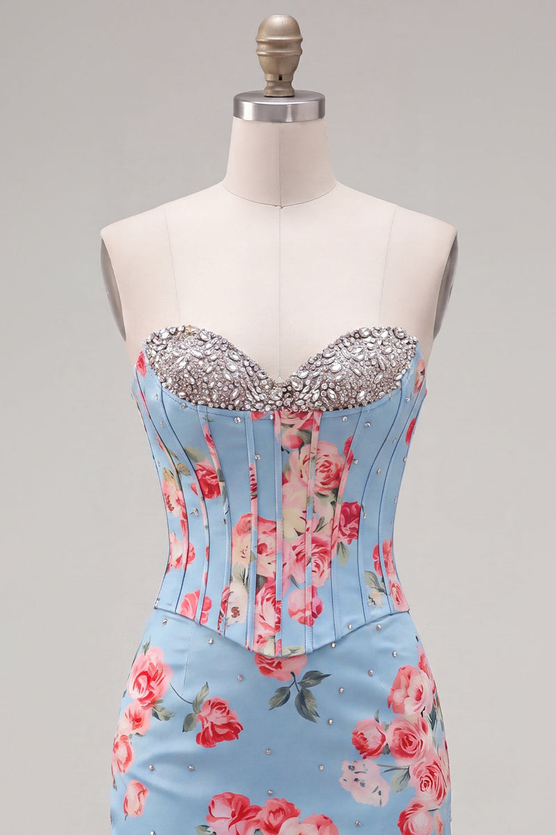 Load image into Gallery viewer, Floral Sparkly Blue Beaded Corset Tight Short Cocktail Dress