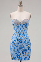 Load image into Gallery viewer, Floral Sparkly Blue Beaded Corset Tight Short Cocktail Dress