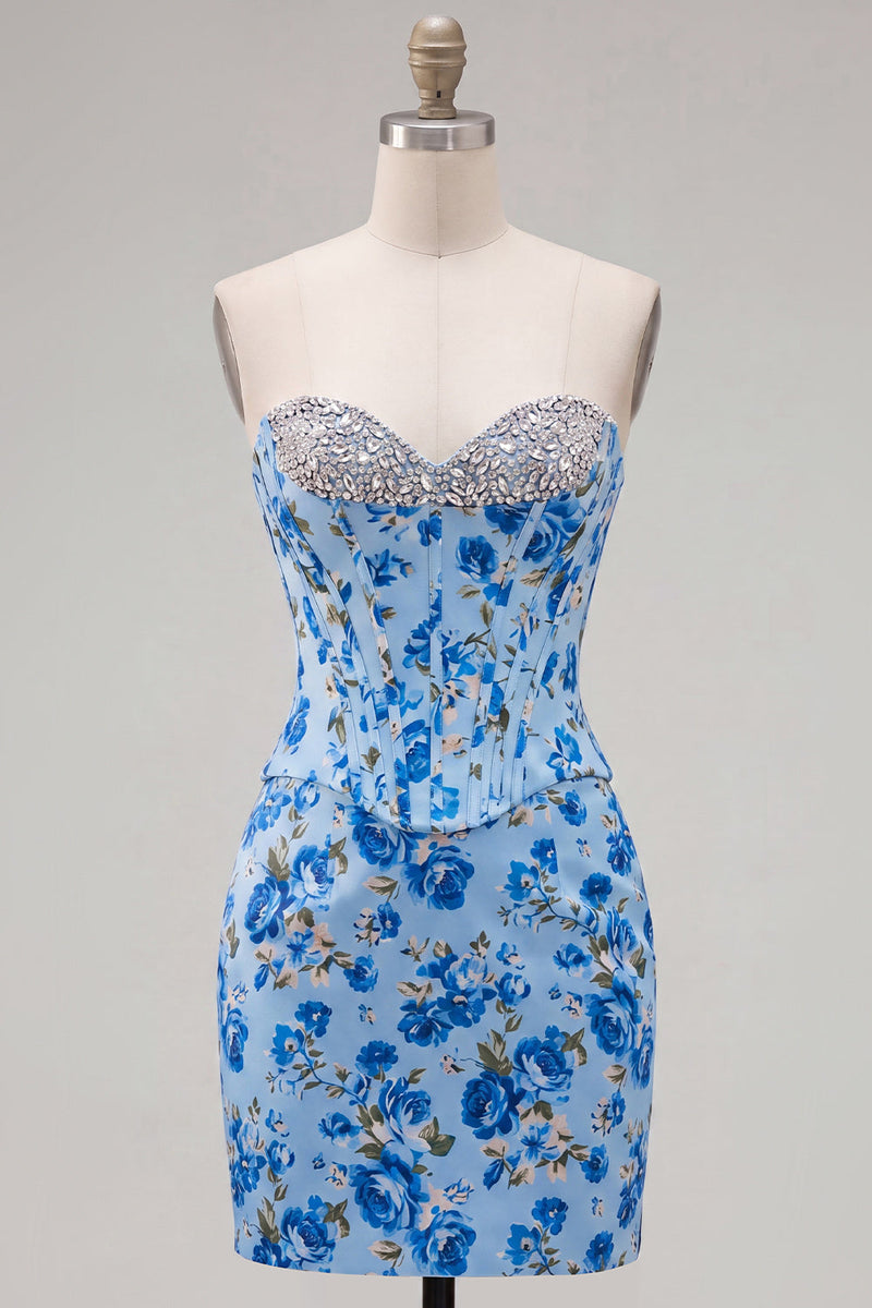 Load image into Gallery viewer, Floral Sparkly Blue Beaded Corset Tight Short Cocktail Dress