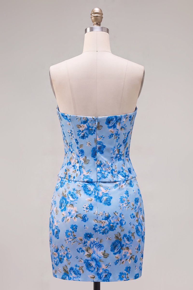 Load image into Gallery viewer, Floral Sparkly Blue Beaded Corset Tight Short Cocktail Dress