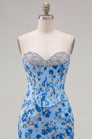 Load image into Gallery viewer, Floral Sparkly Blue Beaded Corset Tight Short Cocktail Dress