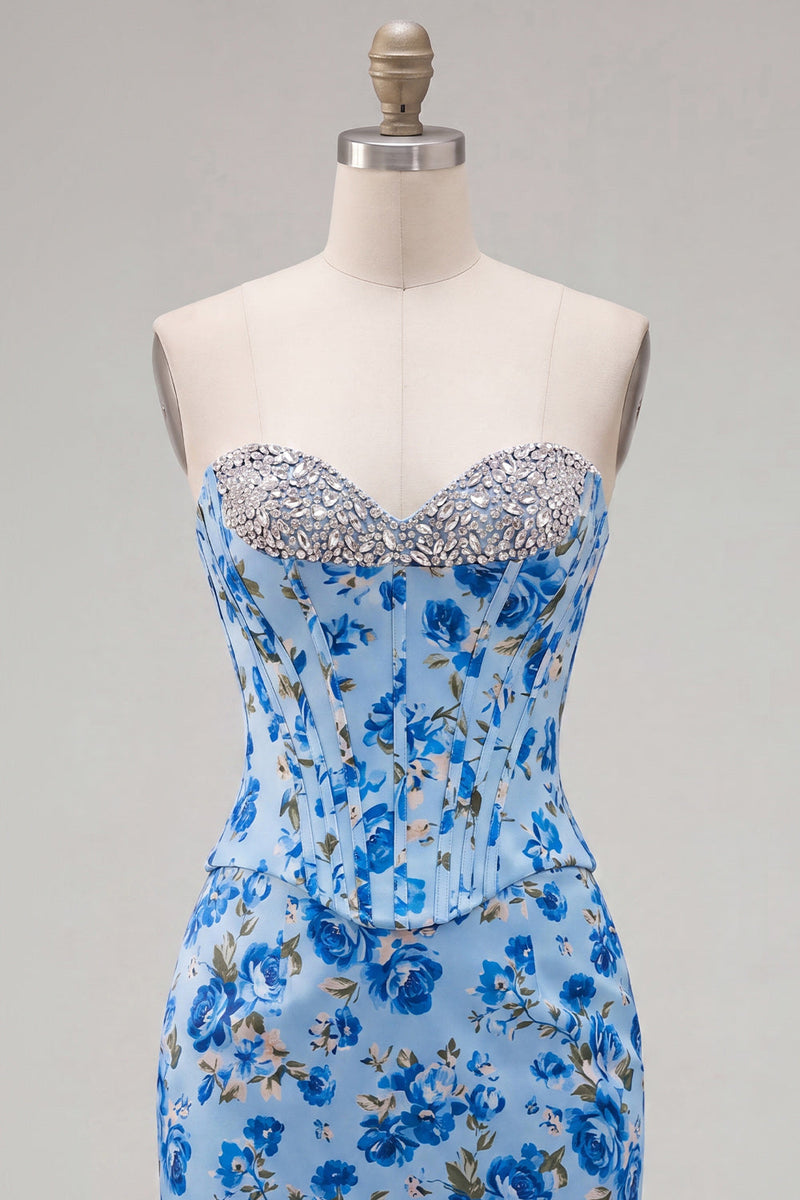 Load image into Gallery viewer, Floral Sparkly Blue Beaded Corset Tight Short Cocktail Dress