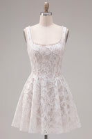 Load image into Gallery viewer, Floral White Lace Beaded Scoop Neck A-Line Short Cocktail Dress