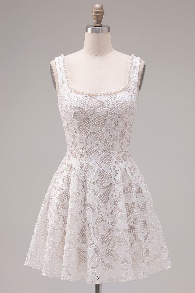 Load image into Gallery viewer, Floral White Lace Beaded Scoop Neck A-Line Short Cocktail Dress