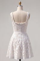 Load image into Gallery viewer, Floral White Lace Beaded Scoop Neck A-Line Short Cocktail Dress