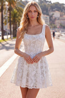 Load image into Gallery viewer, Floral White Lace Beaded Scoop Neck A-Line Short Cocktail Dress