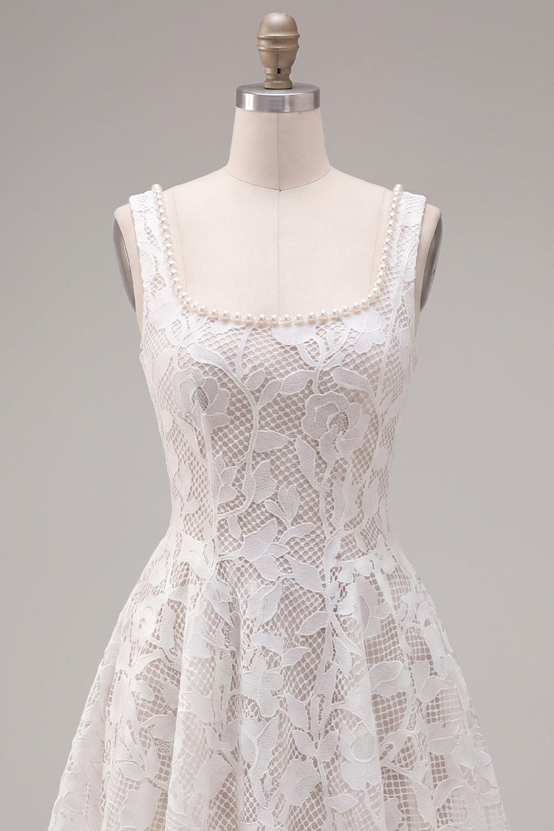 Load image into Gallery viewer, Floral White Lace Beaded Scoop Neck A-Line Short Cocktail Dress