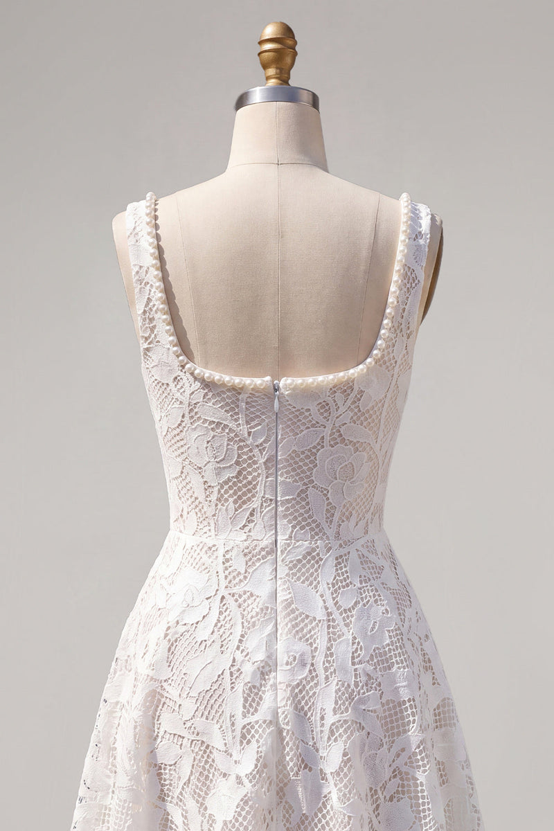 Load image into Gallery viewer, Floral White Lace Beaded Scoop Neck A-Line Short Cocktail Dress