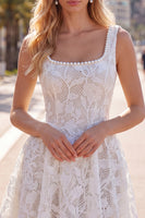 Load image into Gallery viewer, Floral White Lace Beaded Scoop Neck A-Line Short Cocktail Dress