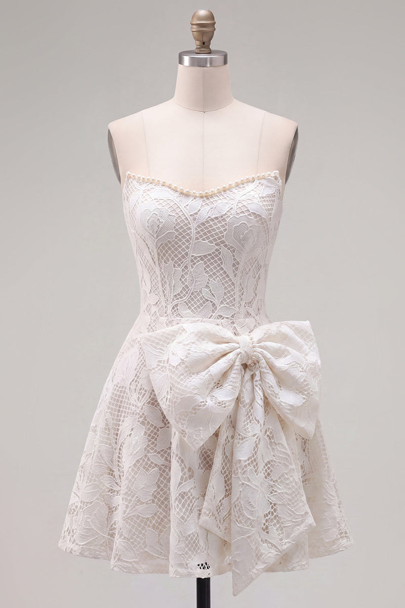 Load image into Gallery viewer, Floral White Lace Strapless A-Line Short Cocktail Dress with Bow