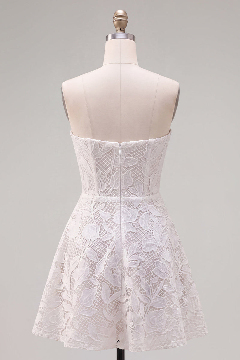 Load image into Gallery viewer, Floral White Lace Strapless A-Line Short Cocktail Dress with Bow