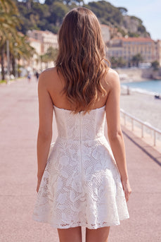 Floral White Lace Strapless A-Line Short Cocktail Dress with Bow