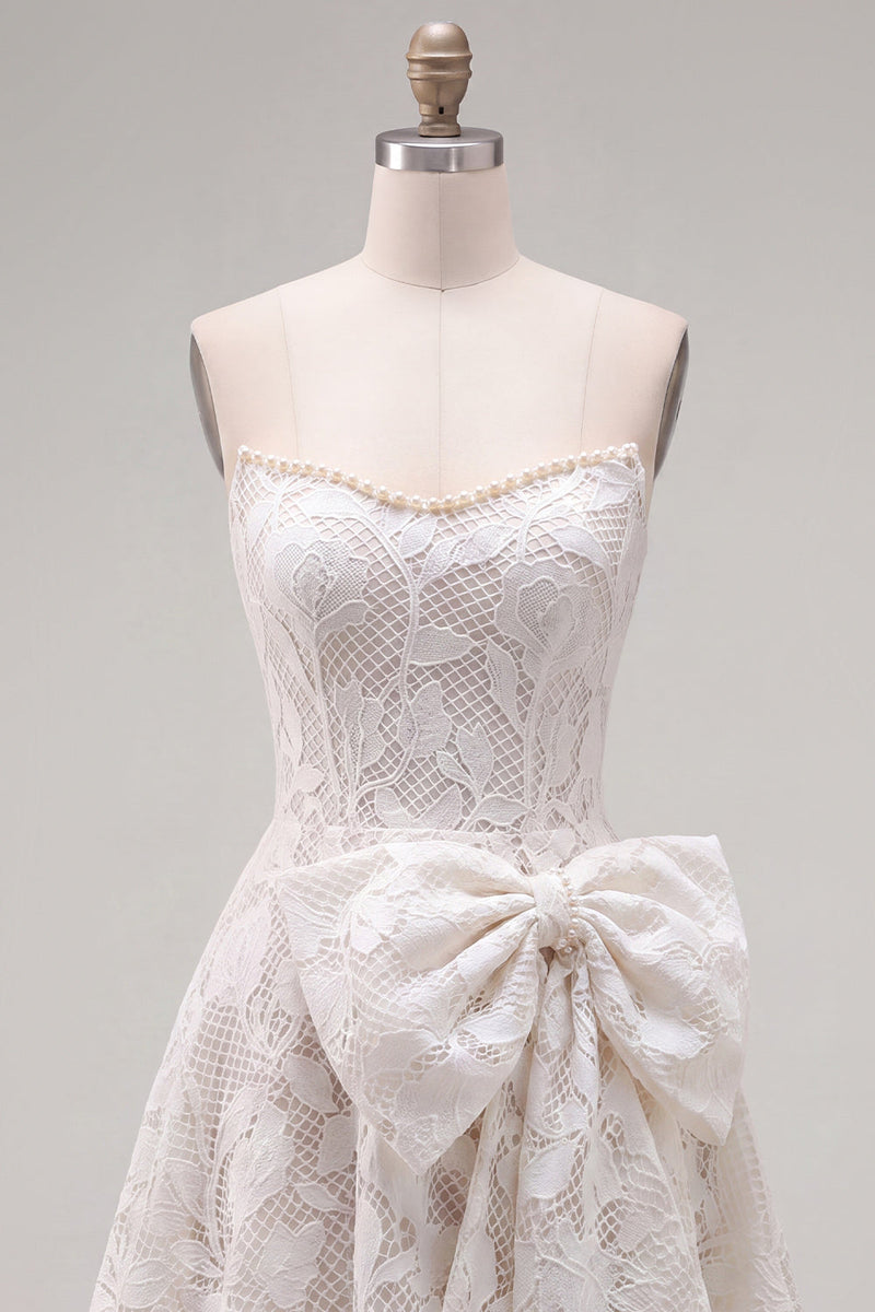 Load image into Gallery viewer, Floral White Lace Strapless A-Line Short Cocktail Dress with Bow