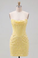 Load image into Gallery viewer, Yellow Beaded Strapless Corset Tight Short Cocktail Dress