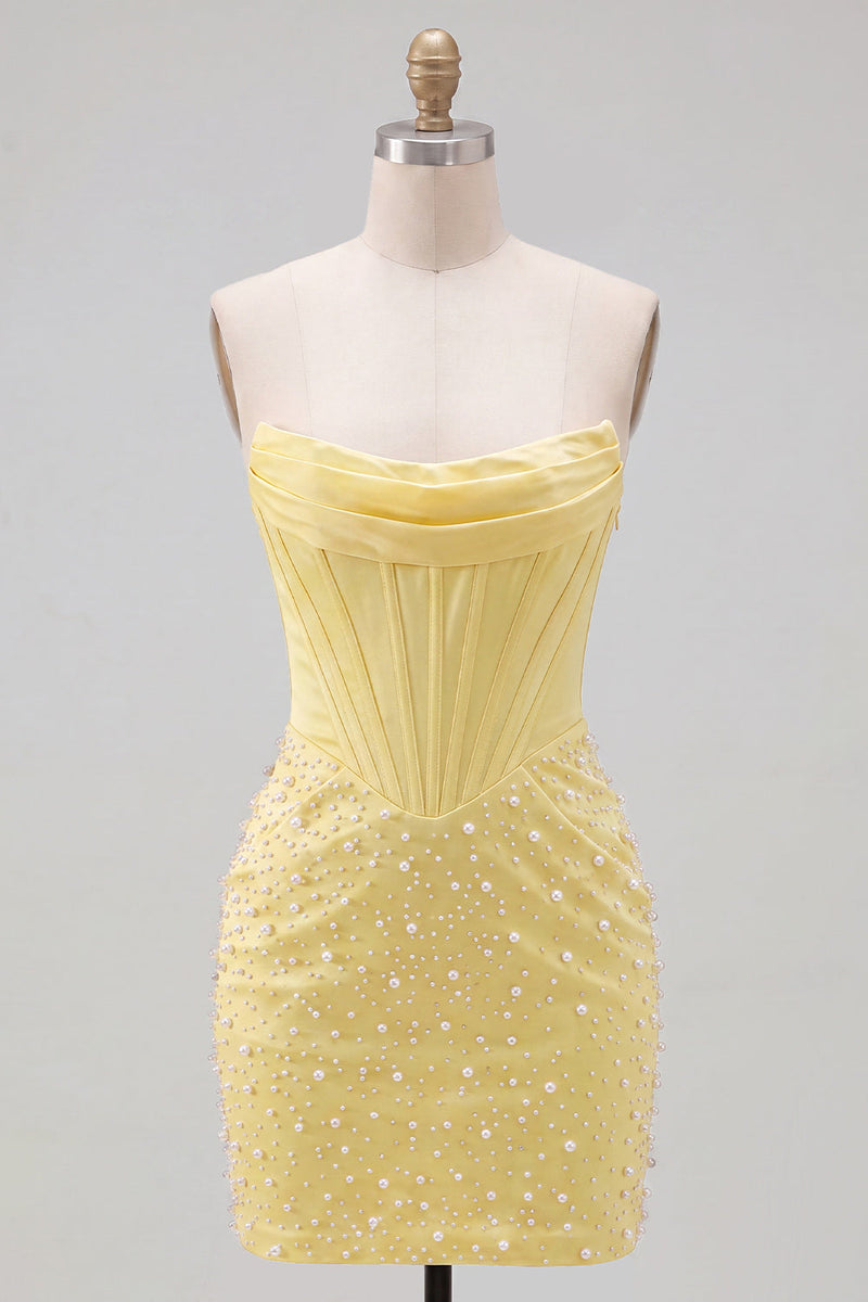 Load image into Gallery viewer, Yellow Beaded Strapless Corset Tight Short Cocktail Dress