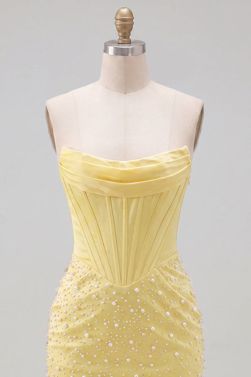Load image into Gallery viewer, Yellow Beaded Strapless Corset Tight Short Cocktail Dress