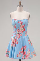 Load image into Gallery viewer, Floral Yellow Satin Strapless A-Line Short Corset Cocktail Dress