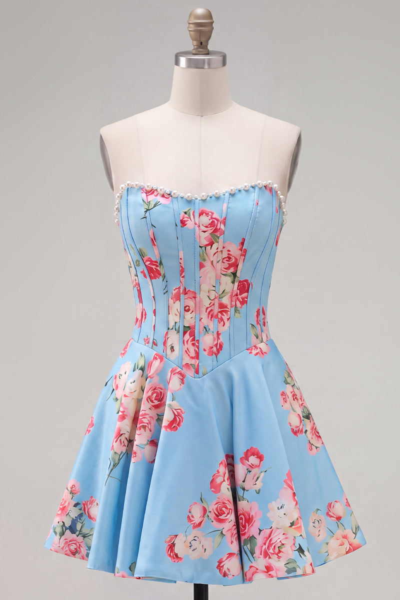 Load image into Gallery viewer, Floral Yellow Satin Strapless A-Line Short Corset Cocktail Dress