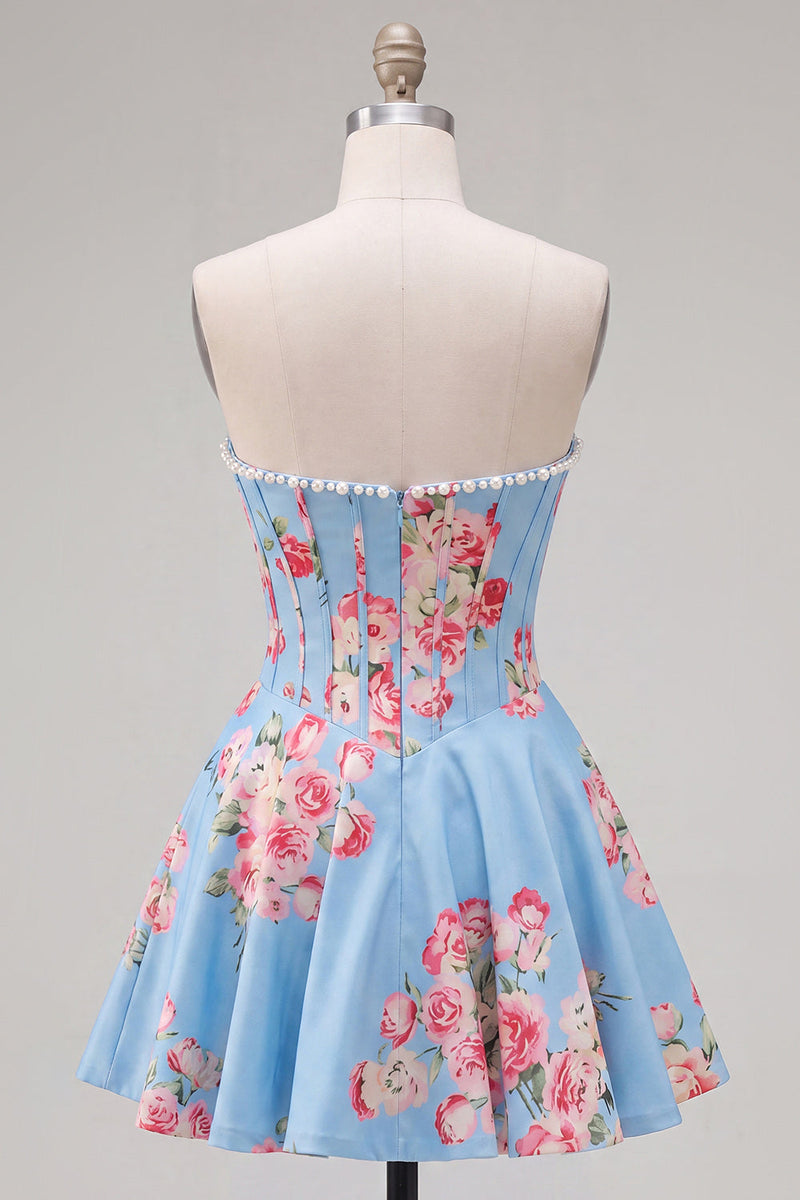 Load image into Gallery viewer, Floral Yellow Satin Strapless A-Line Short Corset Cocktail Dress