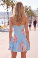 Load image into Gallery viewer, Floral Yellow Satin Strapless A-Line Short Corset Cocktail Dress