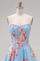 Load image into Gallery viewer, Floral Yellow Satin Strapless A-Line Short Corset Cocktail Dress