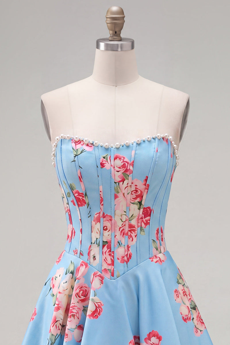 Load image into Gallery viewer, Floral Yellow Satin Strapless A-Line Short Corset Cocktail Dress