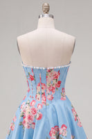 Load image into Gallery viewer, Floral Yellow Satin Strapless A-Line Short Corset Cocktail Dress