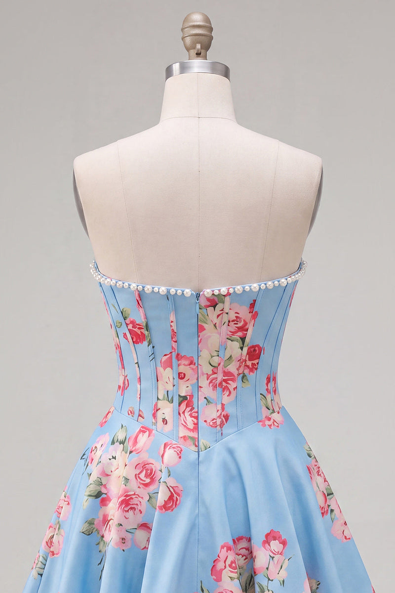 Load image into Gallery viewer, Floral Yellow Satin Strapless A-Line Short Corset Cocktail Dress
